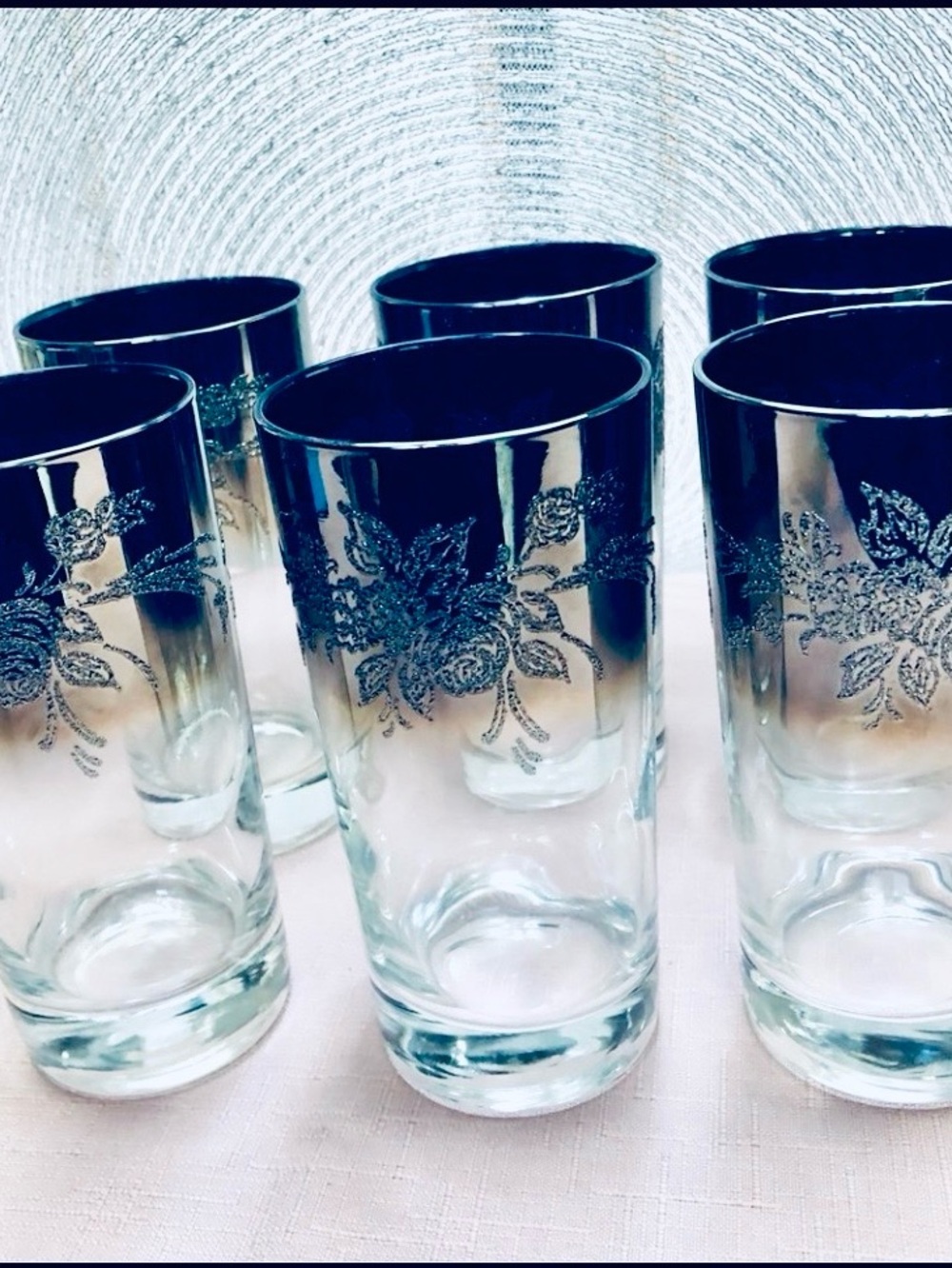 1970s Vitreon Queen’s Lustreware 6 Silver Platinum Mirror OmbreHighball Glasses